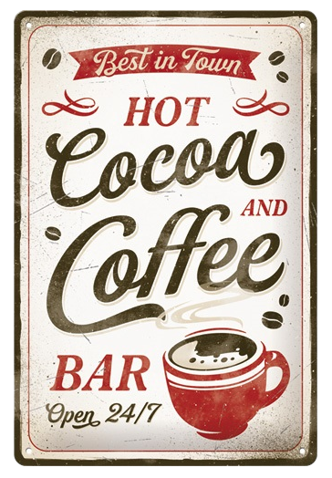 Metalen reclamebord Hot Cocoa & Coffee met reliëf 20x30 cm