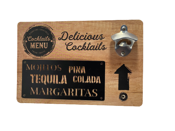 Wand bieropener Delicious Cocktails hout 30x20 cm